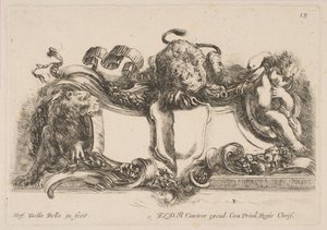 Kartusche mit einem leeren Schild, überragt von einem Löwen und eingerahmt von einem Löwen und einem Kind, 1646 von Stefano della Bella