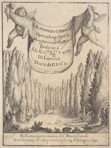 Frontispiz für Der Zypressenwald La selva di cipressi: zwei Putti halten einen Wandteppich..., 1640