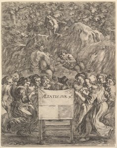 Frontispiz für Die Werke von Scarron, der Dichter sitzt in einem Stuhl..., 1649