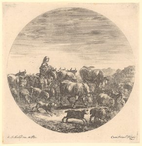 Hirtin zu Pferd mit Kuh- und Schafherde, Blatt 5 der Folge "Sechs Tiermotive in runder Darstellung" von Stefano della Bella