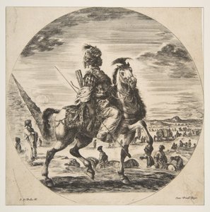 Maurischer Reiter im Profil nach rechts, im Hintergrund eine Pyramide links, viele Figuren, ca. 1651 von Stefano della Bella