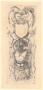 Panel mit oben zwei Pferdeköpfen, darunter ein Schild und unten eine Rüstung, Blatt 7 der Folge "Ornamente oder Grotesken" von Stefano della Bella