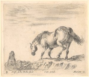 Pferd im Profil nach links, links ein Reiter auf einem weiteren Pferd von Stefano della Bella