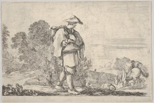 Tafel 11: ein Bauer mit Hut in der Mitte, der nach rechts geht, ein Pferd steigt hinab, ca. 1641 von Stefano della Bella