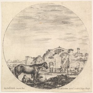 Tafel 12: ein schlafender Hirte auf dem Boden rechts, drei Pferde links, andere h..., ca. 1643-48 von Stefano della Bella