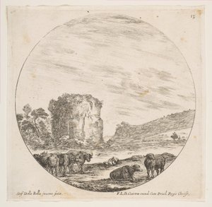 Platte 13: Ruinen eines Tempels in einer römischen Landschaft, aus Römische Landschaften und Ruinen, ca. 1646 von Stefano della Bella