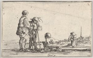 Tafel 13: zwei Bauern stehen links, ein Krüppel kniet in der Mitte, ca. 1642