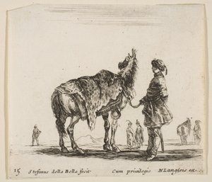 Tafel 15: ein polnischer Edelmann, von hinten gesehen, hält sein Pferd, das in Leopardenfell gehüllt ist, ca. 1644-47