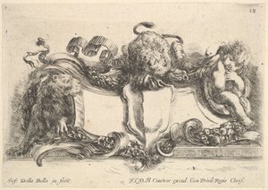 Platte 18: ein Kartusche mit einem leeren Wappen, zwei Löwinnen, eine links und eine in der Mitte, 1646 von Stefano della Bella