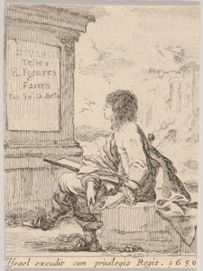 Platte 1: ein junger Mann sitzt auf einem Stein, nach links im Profil, hält ein Zeichenbrett (1650) von Stefano della Bella