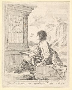 Tafel 1: Ein junger Mann sitzt auf einem Stein, nach links im Profil, hält ein Zeichenbrett von Stefano della Bella