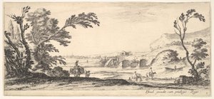 Tafel 3: zwei Reiter überqueren einen Fluss nach rechts, eine Frau mit zwei Körben auf einem Esel, ca. 1641 von Stefano della Bella