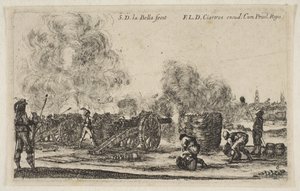 Tafel 6: Batterie von Kanonen, die auf eine Stadt feuern, aus Verschiedene militärische Capricci Varii, ca. 1641 von Stefano della Bella