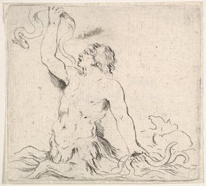 Tafel 7: ein Triton im Wasser, nach links gewandt, hält einen Aal in seiner rechten Hand hoch, ca. 1646
