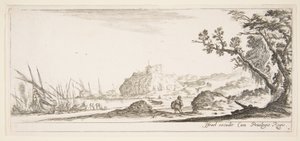 Tafel 7: Verschiedene Boote am Ufer links, ein Mann trägt eine Tasche, von hinten gesehen, ca. 1641