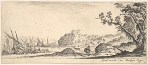 Tafel 7: verschiedene Boote am Ufer links, ein Mann trägt eine Tasche, von hinten gesehen, ca. 1641