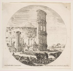 Tafel 8: das Kolosseum, zwei Herden werden zum Amphitheater geführt, ca. 1646 von Stefano della Bella