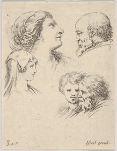 Fünf Köpfe, zwei junge Frauen links, ein bärtiger Mann oben rechts, eine junge Frau..., ca. 1649 von Stefano della Bella