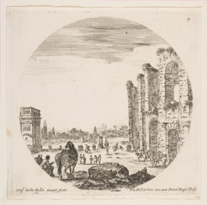 Tafel 9: der Konstantinsbogen links, ein Teil des Kolosseums rechts, verschiedene Pferde..., ca. 1646 von Stefano della Bella