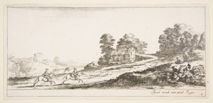 Zwei Reiter galoppieren nach rechts, ein Pferd und ein sitzender Mann, ca. 1641 von Stefano della Bella