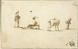 Skizzen von stehender Frau, sitzendem Mann, Ziege und Mann mit Kiste auf dem Rücken von Stefano della Bella