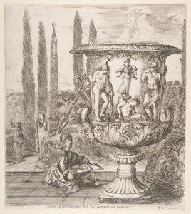 Die Medici-Vase, eine große Vase rechts, dekoriert mit einer Darstellung des Opfers