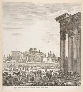 Die Säulen des Tempels des Antoninus rechts, ein Teil des Campo Vaccino in der Mitte und..., 1656 von Stefano della Bella