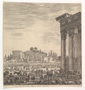 Die Säulen des Tempels des Antoninus rechts, ein Teil des Campo Vaccino in der Mitte von Stefano della Bella