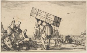 Titelseite: ein Mann trägt einen Koffer auf dem Rücken in der Mitte, drei Männer schauen zu ihm, 1639