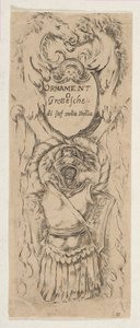 Zwei Pferdeköpfe rahmen ein Schild, ca. 1653