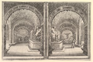 Zwei Ansichten einer Grotte, beide Ansichten mit einem Brunnen mit einer sitzenden Statue, ca. 1653 von Stefano della Bella