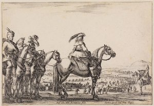Verschiedene Figuren: Armee auf dem Marsch in der Ebene. Auf der Höhe im Vordergrund Kommandant und Begleiter, rechts Trompeter von Stefano della Bella