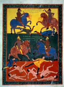 Die vier Ritter der Apokalypse. Der Engel bläst die sechste Posaune: das Erscheinen von Pferden mit Löwenköpfen, die Feuer spucken, Reiter mit Schlachtschiffen. Ein Drittel der Menschen stirbt. Miniatur in 