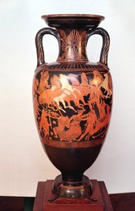 Attische rotfigurige Amphore, die Ares und Aphrodite in einem Streitwagen zeigt, die gegen die Giganten kämpfen