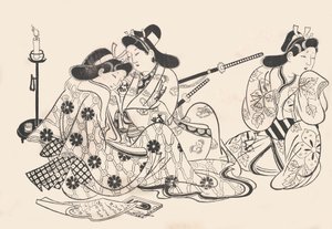 Samurai und Kurtisane sitzen, ein Diener neben ihnen