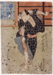 Nakamura Utaemon III als ihr Ehemann Jizo no Goheiji, aus dem Stück Hanafubuki Utanonadokoro von Sunbaisai Hokuei