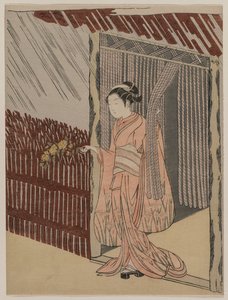 Ein Mädchen in Rosa beim Ankleiden von Suzuki Harunobu