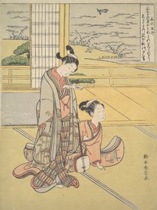 Ein junger Mann und eine Frau mit einer Shamisen, Mönch Saigyo, aus einer Serie, die auf die Drei anspielt, ca. 1768