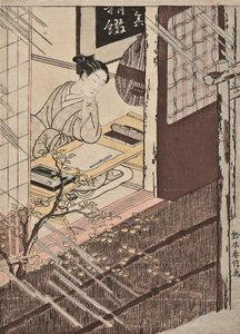 Eine Frau sitzt an einem Schreibtisch und schaut auf den Regen von Suzuki Harunobu