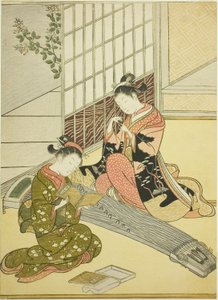 Absteigende Gänse der Koto-Brücken (Kotoji no rakugan), aus der Serie „Acht Ansichten des Salons (Zashiki hakkei)“ von Suzuki Harunobu