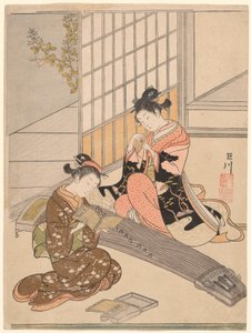 Landende Gänse der Koto-Brücken (Kotoji no rakugan), aus der Serie "Acht Ansichten des Salons (Zashiki hakkei)" von Suzuki Harunobu