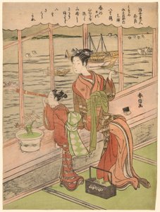 Doppelt blühende Kirsche: Motoura von Minami Yamasakiya (Minami Yamasakiya uchi Motoura, Yaezakura), aus der Serie "Schönheiten der schwebenden Welt im Vergleich zu Blumen (Ukiyo bijin hana ni yosu)" von Suzuki Harunobu