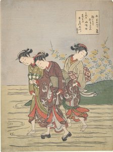 Mädchen durchqueren den Ide no Tamagawa von Suzuki Harunobu