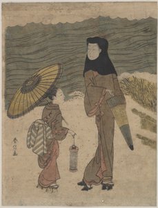 Dame mit schwarzer Kapuze und Regenschirm beim Spaziergang mit junger Begleiterin von Suzuki Harunobu