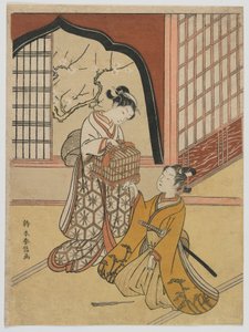 Liebende mit einem Vogelkäfig, Edo-Zeit, ca. 1766-67 von Suzuki Harunobu