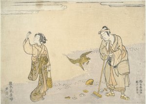 Rechen von Schilfrohr: Östliche Schönheiten am Strand von Suzuki Harunobu