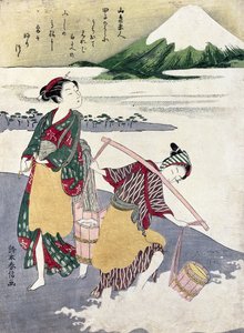 Salzmädchen am Tago-no-ura-Strand mit dem Berg Fuji im Hintergrund (Farbholzschnitt) von Suzuki Harunobu