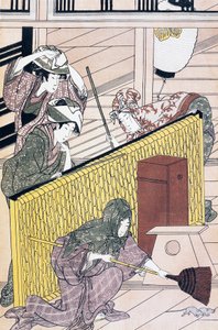 Diener jagt Mäuse im Haus, Ukiyo-e-Kunstdruck von Suzuki Harunobu (1725-1770), Holzschnitt, japanische Zivilisation, Edo-Periode von Suzuki Harunobu