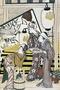 Diener, die zu Hause arbeiten, ukiyo-e Kunstwerk von Suzuki Harunobu, Holzschnitt, japanische Zivilisation, Edo-Zeit