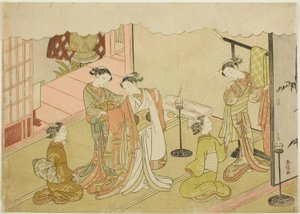 Die Braut wechselt die Kleidung (Iro-naoshi), das fünfte Blatt der Serie "Heirat in Brokatdrucken, der Wagen der tugendhaften Frau (Konrei nishiki misao-guruma)" von Suzuki Harunobu